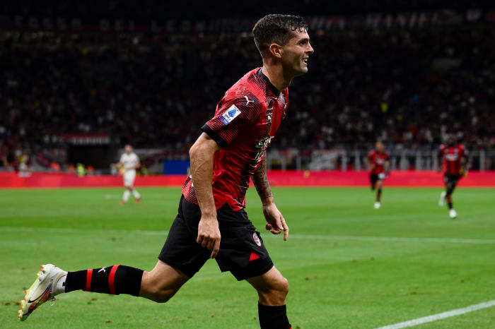 Christian Pulisic pictured celebrating after scoring on his home debut for AC Milan in a 4-1 win over Torino in August 2023